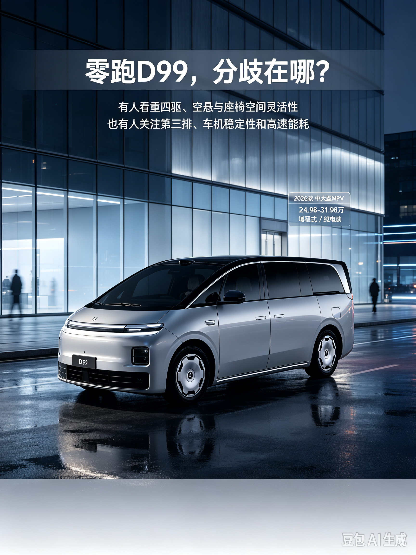 2026款零跑D99，中大型7座MPV，提供纯电与增程版本，采用双电机四驱。造型圆润前卫，轴距可观，车内空间宽敞，多座布局能满足大家庭出行。配置丰富，支持快充，兼顾城市通勤与长途出游，是一台主打舒适实用的家用MPV。【来自懂车帝车友圈】