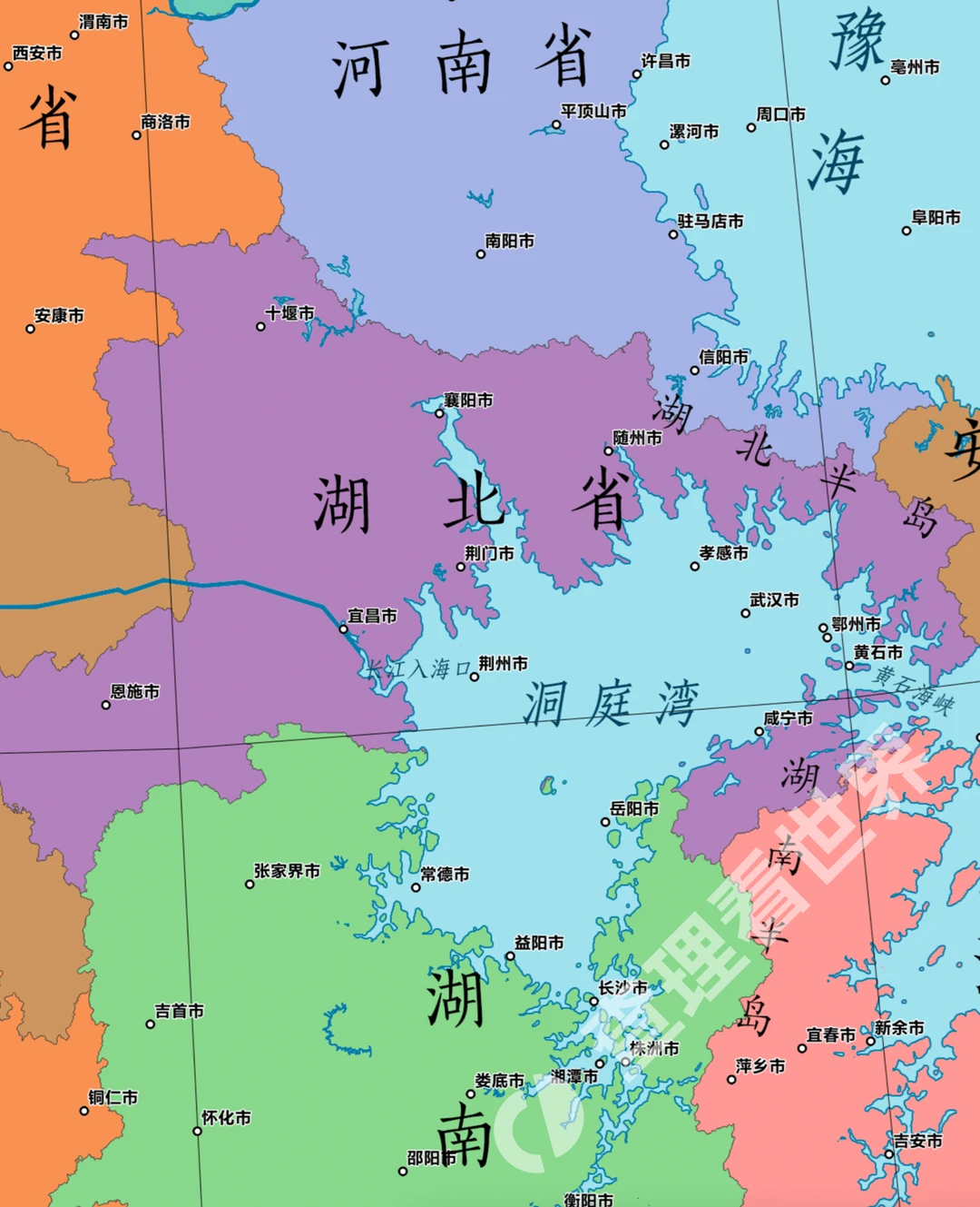 海平面上升70米后的湖北、湖南和江西