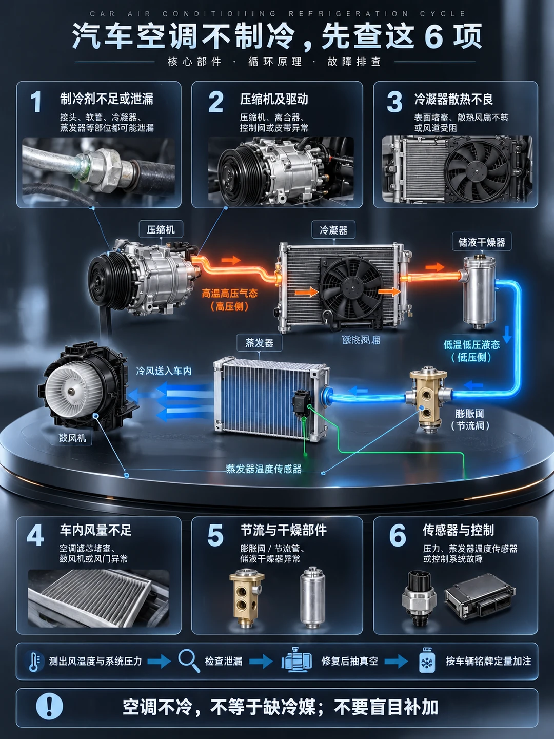 夏天开车空调不冷？别乱加冷媒先查这6项！