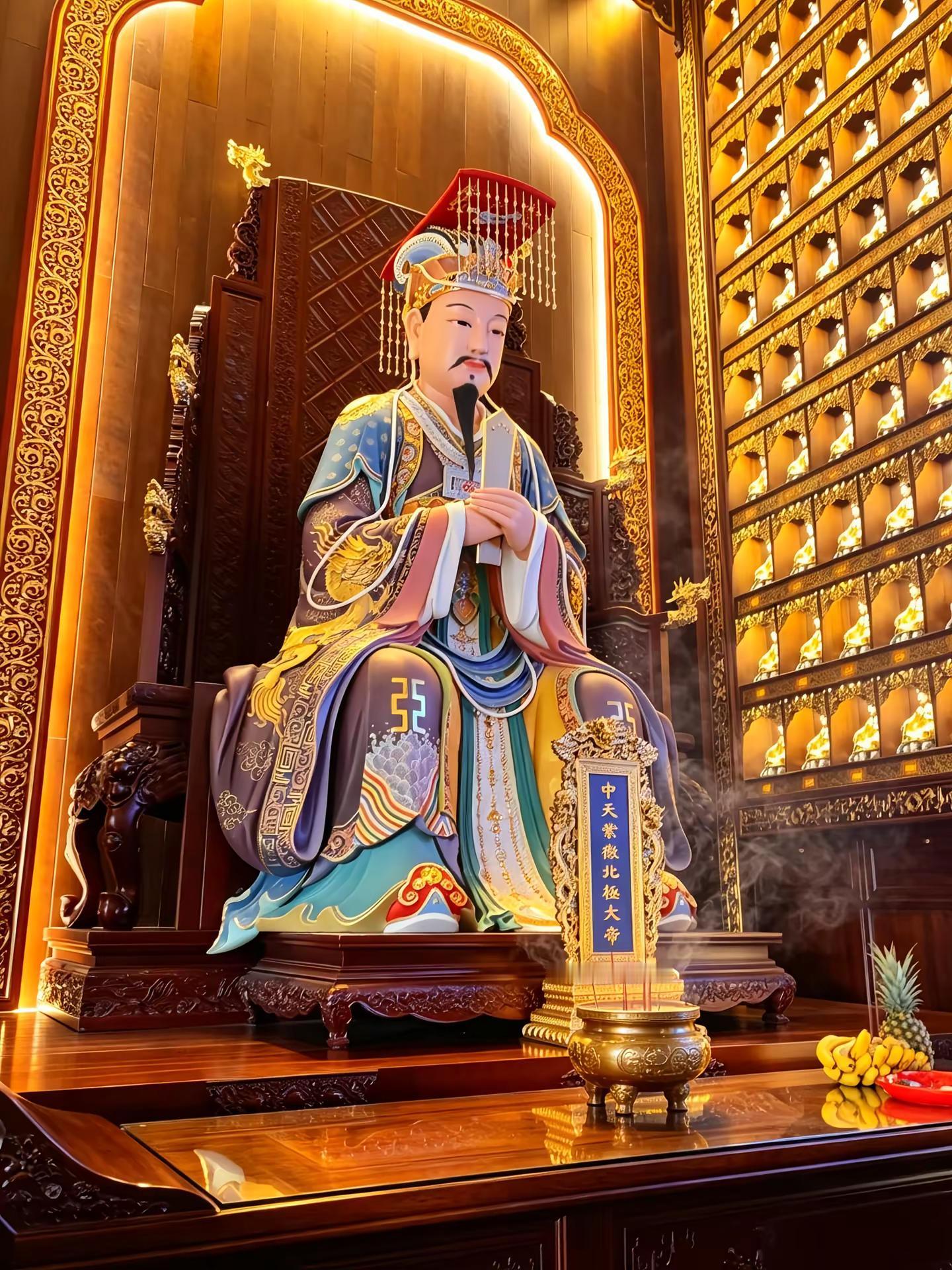 中天紫微北极大帝，道教四御尊神之一，斗姆元君次子，勾陈上宫天皇大帝之弟，源自上古北极星辰崇拜。居于紫微天宫，辅佐玉皇大帝，执掌天经地纬，统御日月星辰、二十八星宿与北斗群星，掌管天象时序，为传统民俗信仰当中的万星之主。
