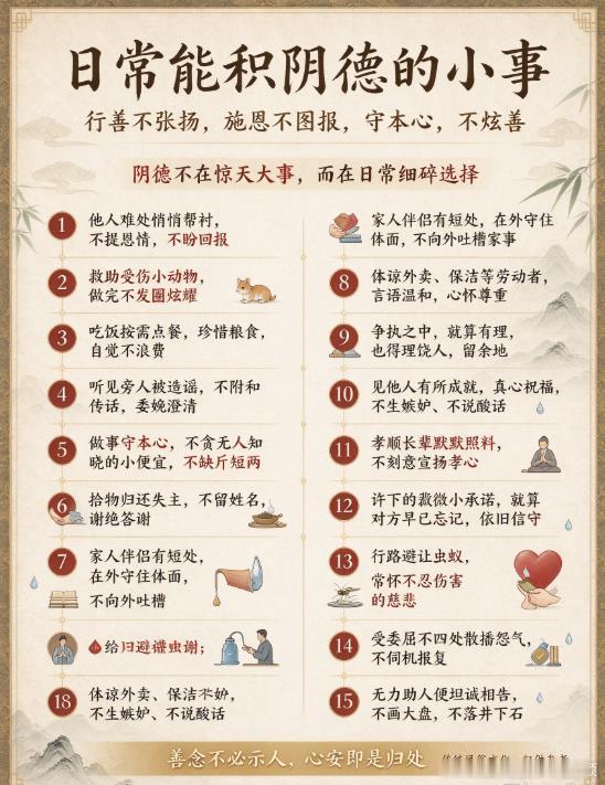 【日常可积阴德的小事】玄灵道人 道家文化  阴德之贵，在于行善不张扬，施恩不图回报。不求世人知晓，但求无愧本心✨积阴德，从来不是要重金布施、做轰轰烈烈的大事，而是藏在无人留意的日常取舍之中：别人身处困境，悄悄伸手相助，不挂恩情、不盼回馈救助受伤的小动物，善行做完，不刻意发圈炫耀点餐量力而行，爱惜五谷粮食，杜绝浪费听闻流言蜚语、他人被造谣，不跟风传话，可委婉澄清，不刻意彰显自己的善意守住底线，不贪暗处的小利，做生意待人不缺斤短两拾得他人物品，及时归还，不留姓名，婉拒酬谢家人伴侣有不足，在外守住对方体面，不对外诉苦吐槽家事善待外卖员、保洁等劳动者，言语谦和，常怀体恤之心与人争执，即便占理，也得理饶人，给人留一分余地看见他人取得成就，发自内心祝福，不起嫉妒，不说酸言冷语孝敬长辈，默默尽心照料，不刻意对外宣扬孝心许下的微小诺言，纵使对方早已淡忘，依旧坚守兑现行路之时避让虫蚁，常怀恻隐慈悲之心蒙受委屈，不四处宣泄怨气，不伺机报复他人能力不足无法助人便如实说明，不轻易许诺画饼，更不落井下石善念...