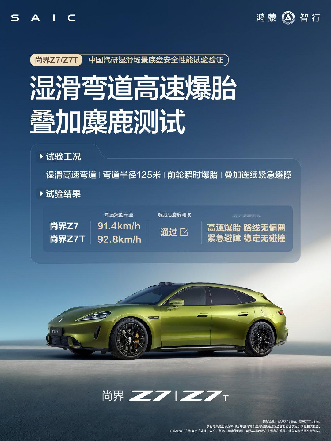 尚界Z7系列，高速湿滑场景消失的前车紧急避障测试和湿滑弯道高速爆胎叠加麋鹿测试，成功通过中国汽研认证！#鸿蒙智行##尚界Z7# ​