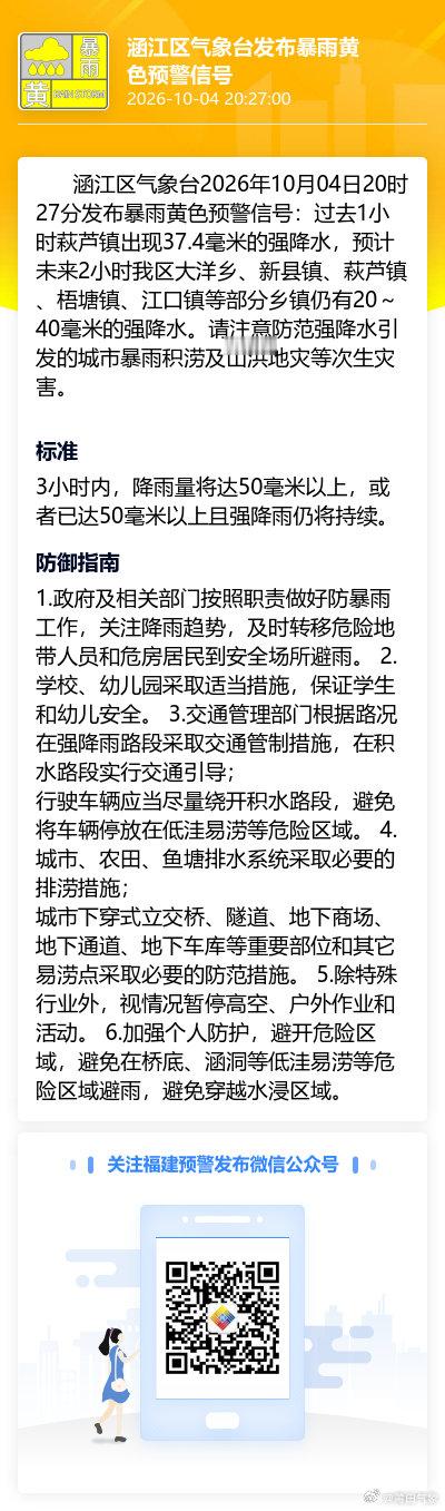涵江区气象台2026年10月04日20时27分发布暴雨黄色预警信号：过去1小时萩芦镇出现37.4毫米的强降水，预计未来2小时我区大洋乡、新县镇、萩芦镇、梧塘镇、江口镇等部分乡镇仍有20～40毫米的强降水。请注意防范... ​