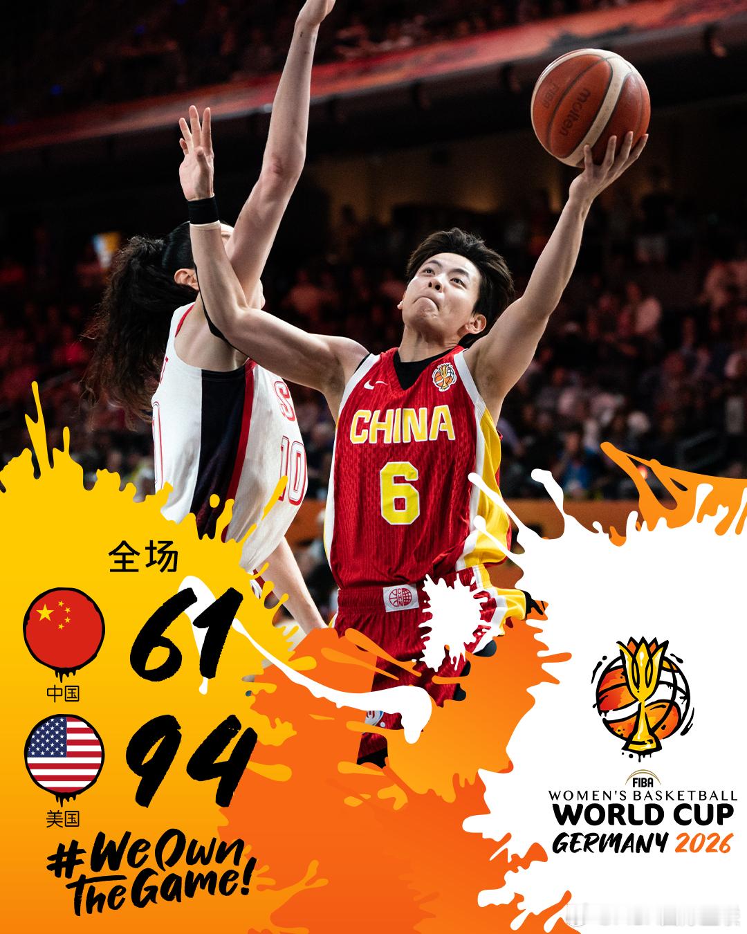 2026#女篮世界杯# 第1️⃣比赛日焦点战

🇨🇳#中国女篮vs美国女篮# 🇺🇸 ，全场结束

🇨🇳中国队 61-94 美国队🇺🇸
📊双方数据
中国队 罗欣棫13分6篮板 张子宇13分6篮板2盖帽 韩旭11分10篮板1盖帽1抢断 
美国队 瑞尼·霍华德14分1盖帽 凯特琳·克拉克14分11助攻 佩奇·布克斯14分9投6中 ​