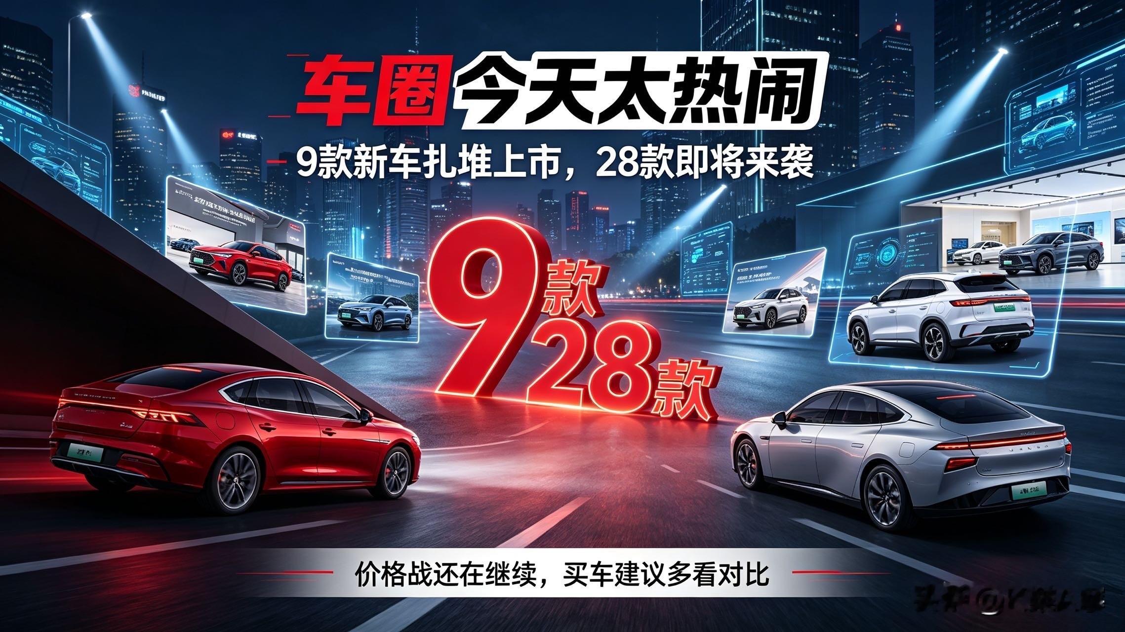 今天车圈彻底卷疯了！一天9款新车扎堆上市，买车的再等等

今天（9月23日）的汽车圈比手机发布会还热闹，整整9款新车集中上市，看得人眼花缭乱。算下来从这周开始到国庆前，10天里有28款新车要发，完全是“下饺子”的节奏。

说白了，车企都盯着“金九银十”和国庆黄金周这波购车潮，年底冲销量的关键节点，谁
