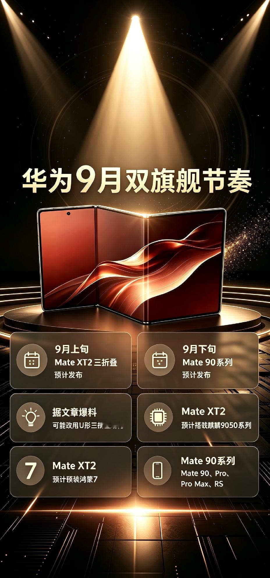 今年最值得期待！Mate XT2与Mate90系列爆料汇总
 
正文
谁懂啊家人们！华为下半年旗舰大战终于要来了📢
网传9月份开启双旗舰发布节奏，
先是三折叠，后是年度Mate数字系列，
这一波直接把期待值拉满！
 
✨9月上旬｜Mate XT2 第二代三折叠
作为华为第二代三折叠