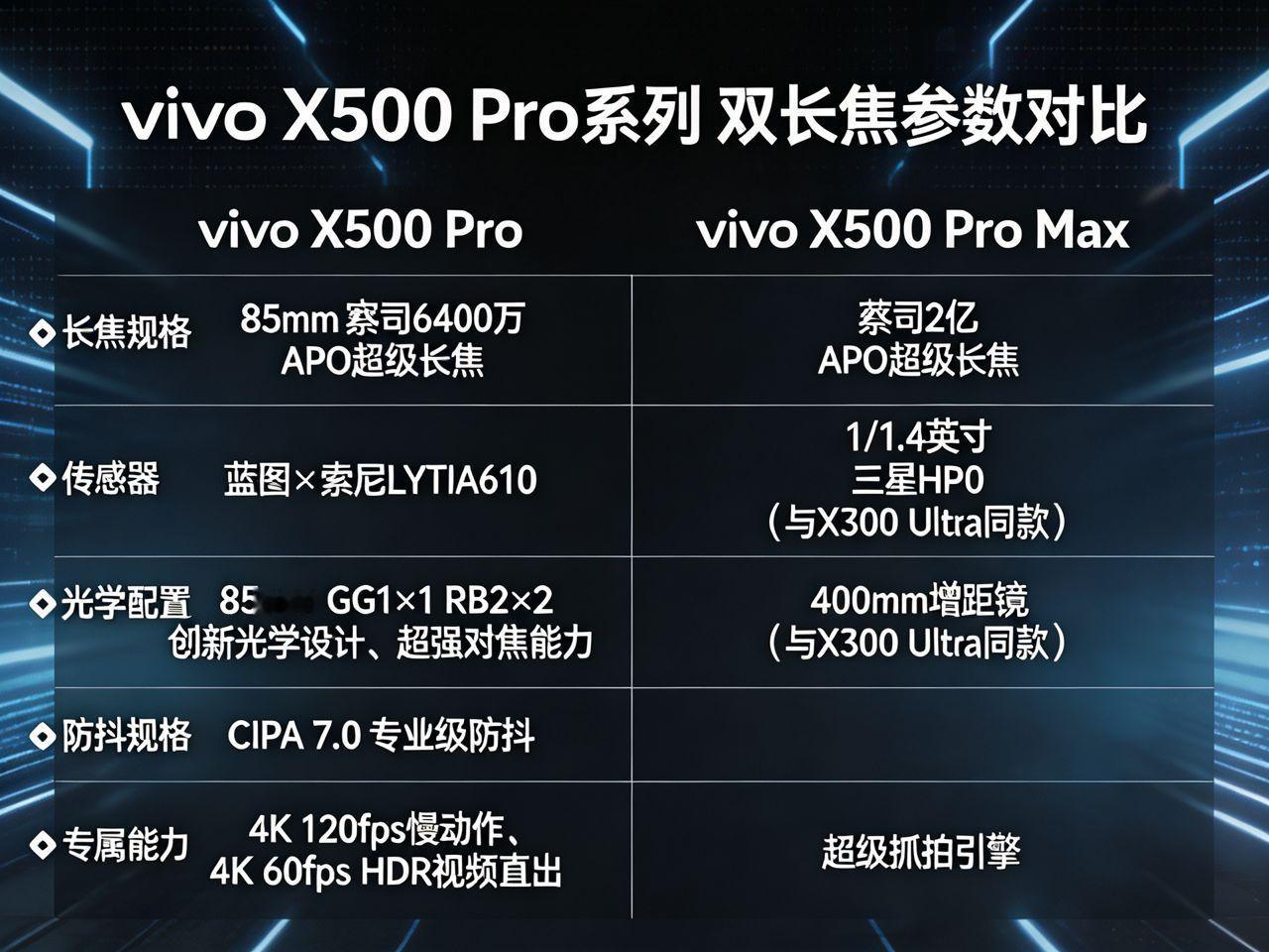 vivo X500 Pro 主打85mm经典人像焦段，搭载索尼LYTIA610传感器，兼顾长焦视频录制能力
vivo X500 Pro Max 主打超长焦远摄，沿用X300 Ultra同款三星HP0传感器与400mm增距镜，侧重抓拍性能
两款长焦均配备行业最高规格的CIPA 7.0专业级防抖。 ​