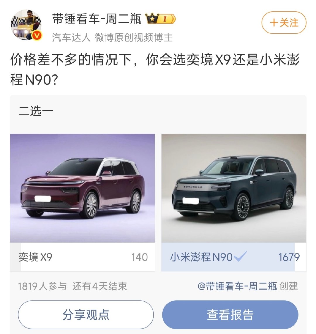 之前网上好多营销号都用很多车同类型车来碰瓷小米澎程，还一个个的信誓旦旦的说小米压力大[允悲]！

结果投票后，不如人家零头？[允悲]
#小米汽车[超话]##小米澎程##小米澎程[超话]# ​