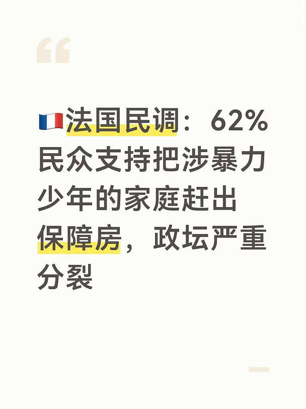 伴随着法国多地高中生封锁校园示威，部分示威演变为打砸暴力，公共设施受损严重。
	
一份最新CSA民调显示，多数法国民众支持一项有巨大争议的措施：如果家庭里的未成年人参与暴力事件，就将整户家庭驱逐出社会保障公屋HLM。
	
但这项想法目前仅仅停留在舆论层面，现行法国法律并不允许这样做。
	
这份民调由CSA机构，为CNews、Europe 1以及《JDD星期日报》完成并于10月10日发布 ：
	
全部受访者：62%支持，38%反对将涉暴力未成年人的家庭逐出社会公屋。
	
男性64%支持，女性60%支持。
	
年龄差异：年龄越大支持比例越高，50‑64岁群体支持率达到89%；18‑24岁年轻群体支持率仅55%。
	
普通劳动者、无业群体与较高职业阶层之间观点接近，阶层分歧不大。
	
左翼阵营：62%左翼同情者对此表示反对。绿党选民完全反对；社会党支持者一半反对；不屈法兰西选民仅20%支持该提议。
	
马克龙中间派文艺复兴阵营：内部分裂，只有49%受访者表示支持，未达半数。
	
右翼阵营...