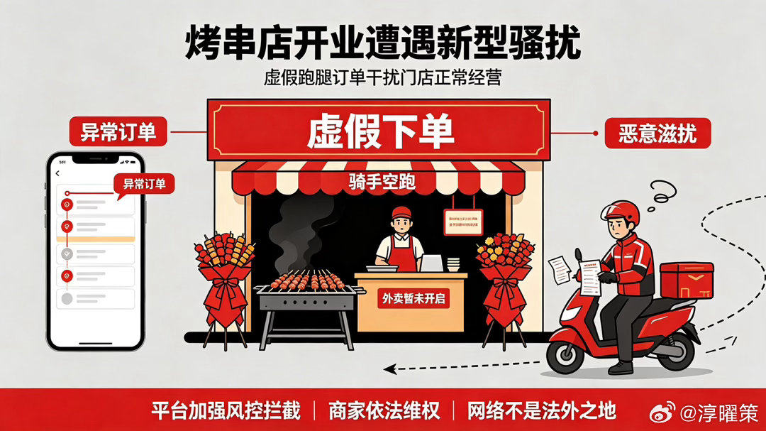 看了这条新闻，心里颇有感触。韩路新开的烤串店，外卖功能还没开启，却接连收到虚假跑腿订单，多名骑手被无端派到店里取件，这是一种很新的恶意骚扰，已经干扰到门店正常经营。

这件事里，跑腿骑手也是无辜受害者，白白跑一趟，订单又无法取消，无端浪费时间。此前这家店还没开业，网上就凭空冒出大量 ​