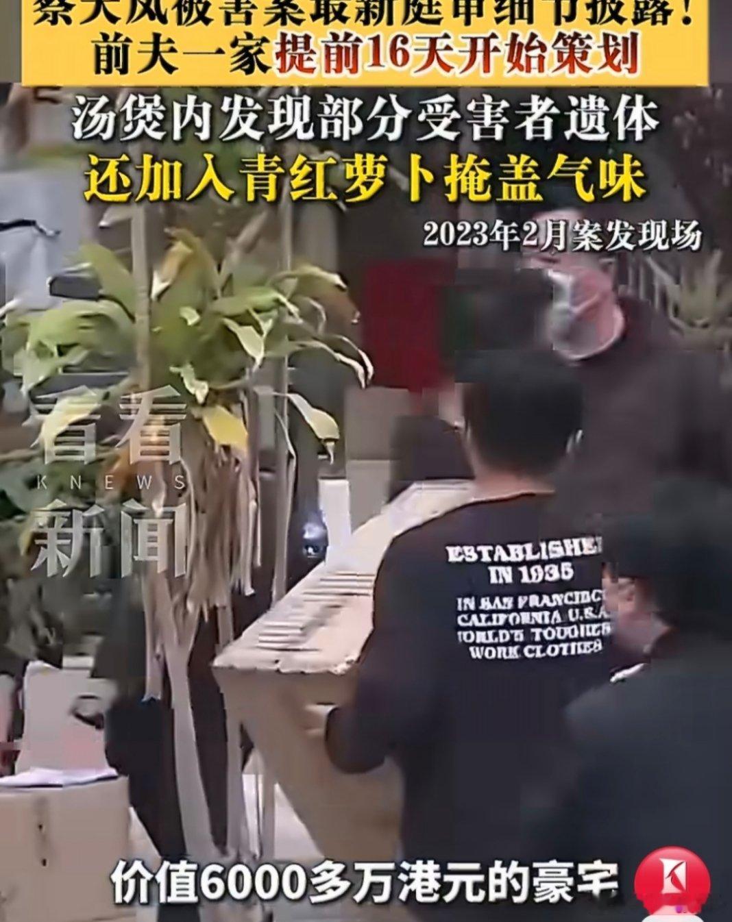 法医确认煲汤内有蔡天凤身体组织控方披露香港名媛蔡天凤前夫邝港智、前夫哥哥邝港杰和前公公邝球三香港名媛蔡天凤人蓄谋已久，在案发前16天，前公公邝球就租下偏僻村屋，提前备好全套作案工具，三人利用蔡天凤每日乘坐邝港杰驾驶的私家车接子女放学的习惯实施行凶。案发当天，涉案村屋内曾传出电锯声与浓烈异味，警方找到现场时，在汤煲内找到了蔡天凤的部分尸体，凶手还特意加入青红萝卜试图掩盖气味，法医也已确认煲汤内含有蔡天凤的身体组织。整起凶案的导火索是一套价值6000多万港元的豪宅，当年蔡天凤为了避税，将这套房产登记在了前公公邝球名下，前夫一家认定只要蔡天凤死亡，这套豪宅就能被他们据为己有。