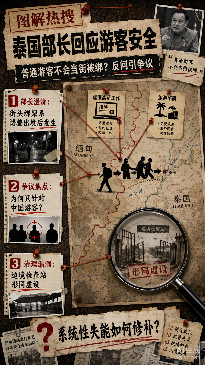 #泰国旅游部长回应中国游客安全#泰国旅游部长那句“为何只有中国游客被绑架”的反问，听起来像是在分析问题，实则是试图通过指责外部来转移矛盾。

这种操作在逻辑上叫作“暴力注入”。中国驻泰使馆已经通报了多起以高薪招聘、虚假项目为诱饵的转运案件，这说明不法分子正是利用了泰国境内某些环节的系 ​