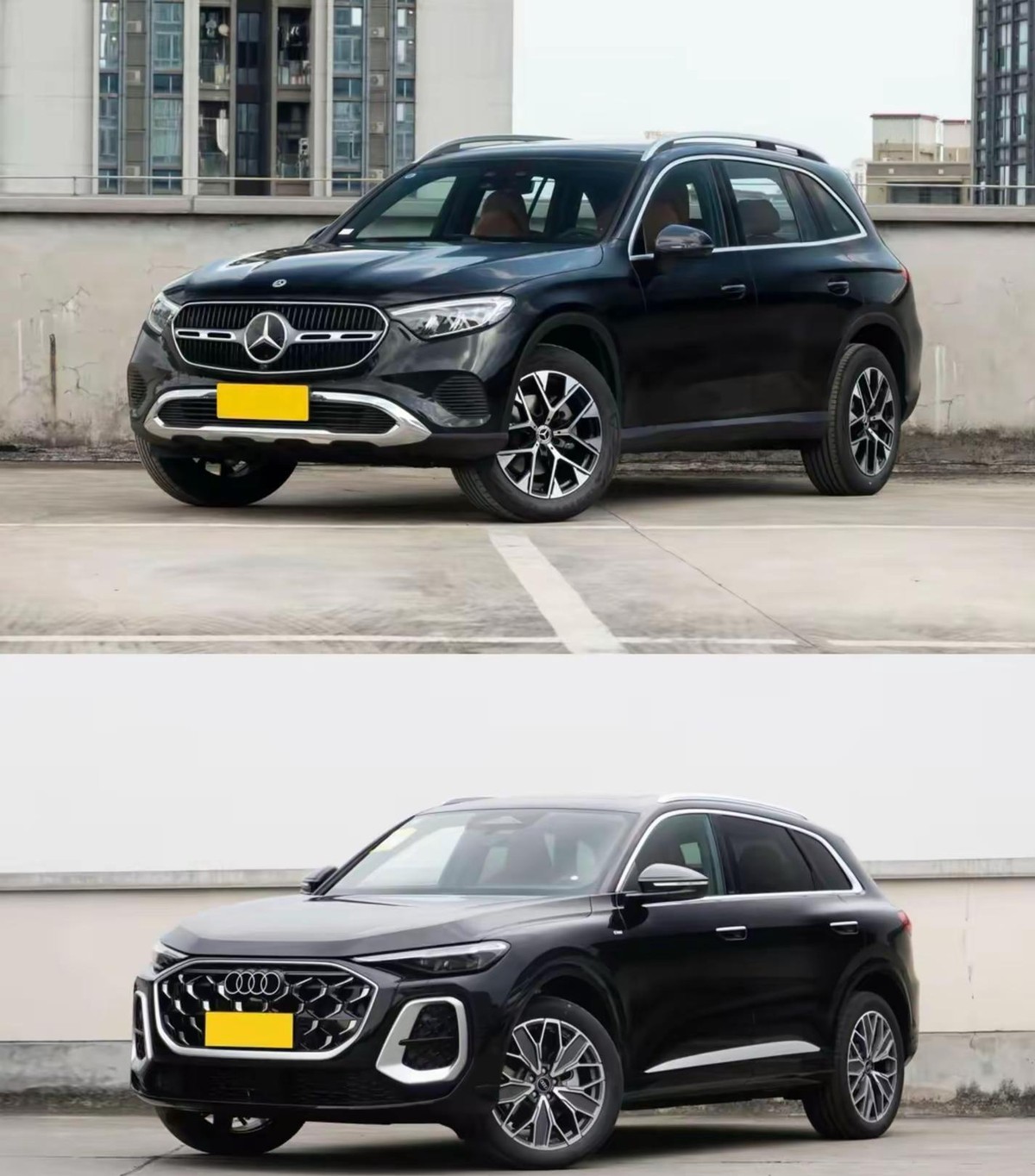 奔驰GLC和奥迪Q5L这俩中型豪华SUV，底盘根本不是一种脾气。GLC走MRA纵置，前四后五连杆，前副车架和摆臂羊角用铝多，标配振幅感应减震，过沟过坎像有人替你把颠簸接住了，坐进去就不想下来。Q5L是MLB evo纵置，前后五连杆，前悬铝件多后悬钢铝混着来，还能选空悬，跑高速那种贴地感很毒，路感清清