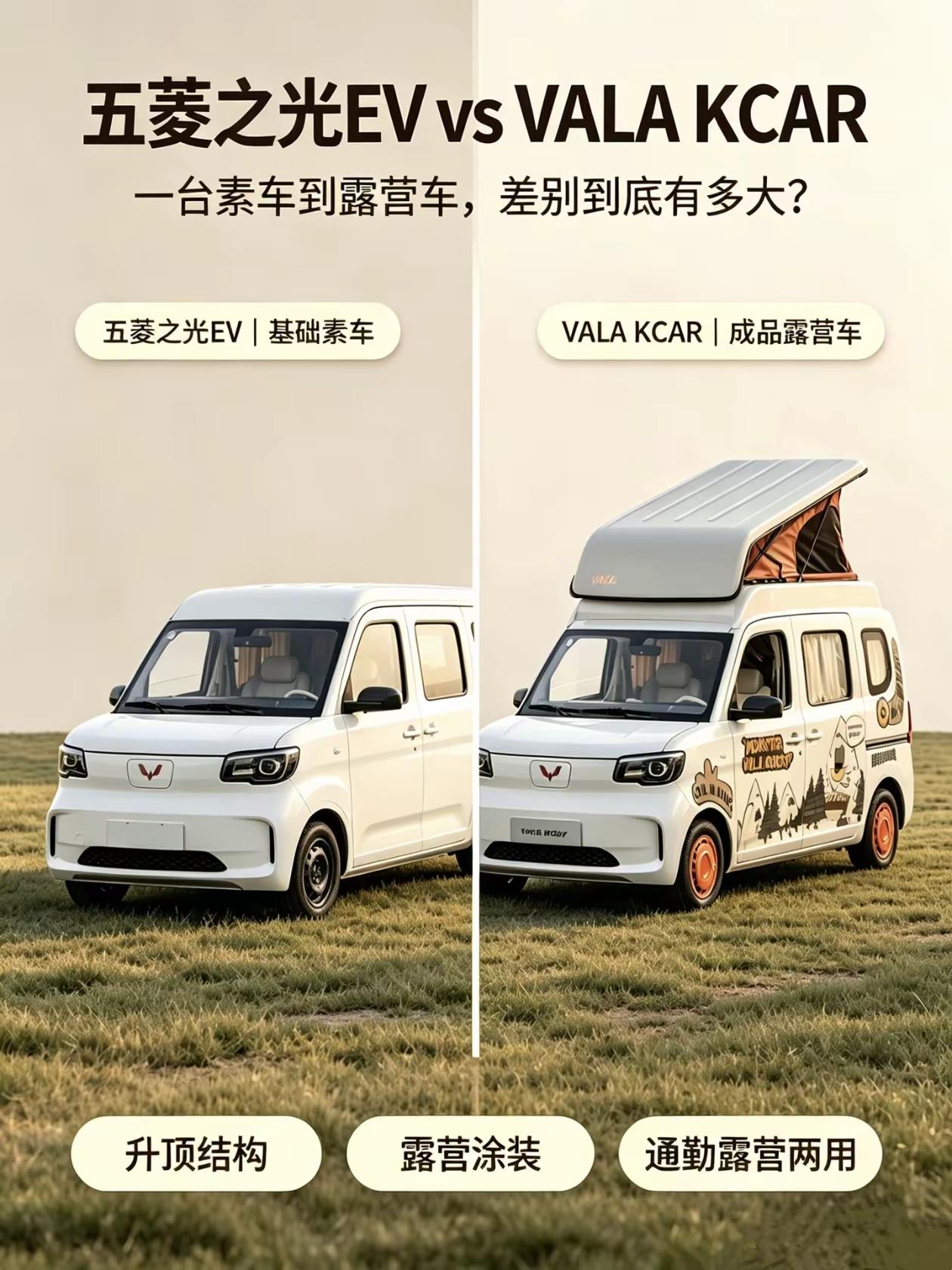 同样是五菱之光EV，素车对比VALA KCAR露营版，差别一眼就能看出来。普通版本老老实实城市通勤代步。升级之后带上升顶帐篷，外观露营涂装，通勤露营两不误。一台小车，既能日常上班，闲暇还能出去山野露营。如果预算够，你会直接选成品露营车，还是买素车自己改？ 五菱之光EV VALAKCAR
