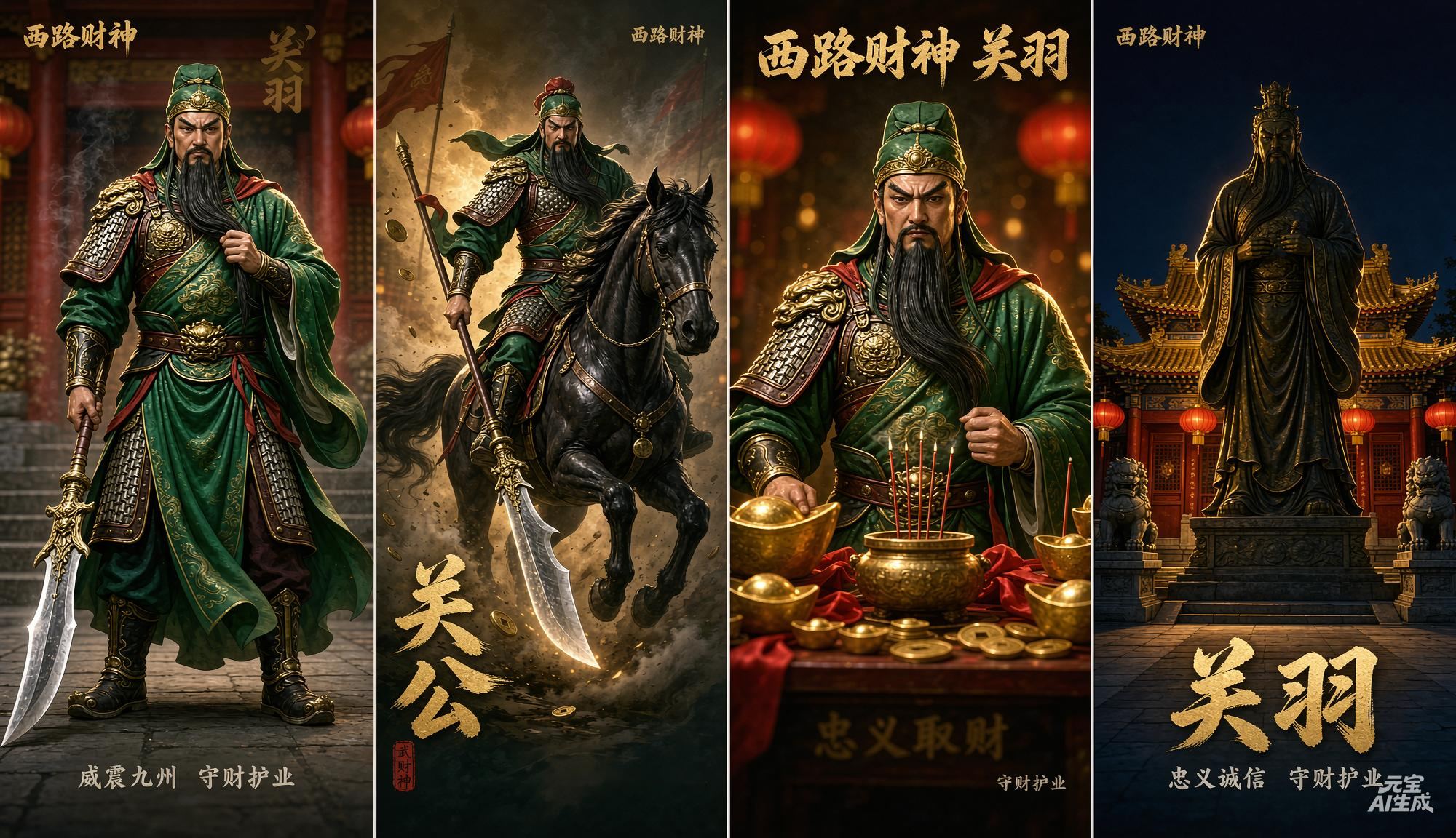 作为民间公认的西路财神，关羽的形象早已跳出武将的单一标签，成为华人世界里最具号召力的财富守护神。他本是三国时期忠肝义胆的名将，生前面对曹操的重金厚赐毫不动心，挂印封金护送兄长家眷千里走单骑，这份不为财物动摇的品性，被后世商人奉为信义经商的最高准则。
民间传说中，关羽早年经商时就自创了“原、收、出、存