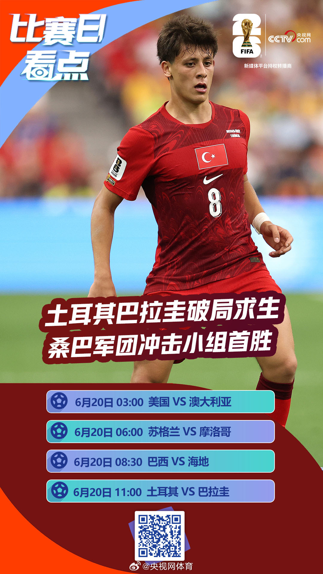 北京时间6月20日，美加墨世界杯C组、D组进入第二轮争夺，土耳其和巴拉...