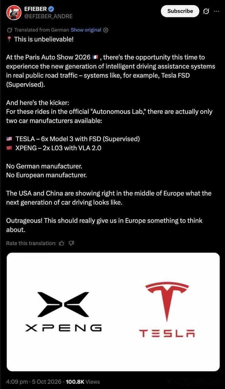 欧洲人的车展，给中美的智能驾驶搭了一场戏，欧洲车企没有一家参与，很能说明问题了，目前的智能驾驶两个大国已经处于全球跨代领先的地步了

两家车企，代表美国的是特斯拉，中国的代表是小鹏。车展的现场观众和媒体都可以参与体验，正好小鹏NGP和特斯拉FSD在欧洲也来个正面对决。不过这已经不是两家车企在欧洲的第一次对决了，前不久在荷兰已经有过，两家在欧洲的表现已经不相上下，下一步大家是不是最期待他们来个硅谷对决？

#巴黎车展官方公开体验特斯拉小鹏##小鹏在欧洲开启NGP大规模公开体验#
