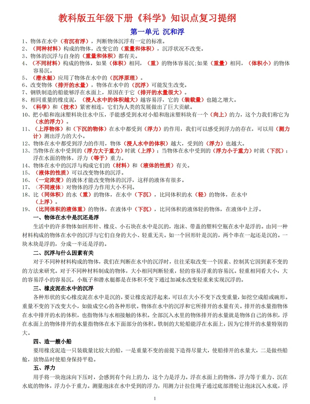 五年级下册《科学》知识点复习提纲