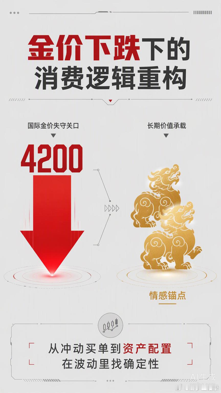 金价这一跌，把不少人的消费逻辑给震出来了。长沙那位刘女士趁着回调给爱人和奶奶各请了一尊貔貅，直言这是今年买金最便宜的一回。这操作挺有意思，表面看是图个实惠，往深了琢磨，其实是在给情感找个硬通货的锚点。以前咱们聊游戏皮肤或者周边，总说“排面”不能光靠特效堆，得看质感能不能经得起推敲。买金这事儿也一样，当品牌溢价和工艺费把零售价推到1200多一克时，它更像是一种情绪消费品；可一旦国际金价失守4200美元关口，大家突然就清醒了，开始算回收价和品牌价的差价，这时候黄金才露出了它作为“价值兜底”的硬核底色。这种从“冲动买单”到“资产配置”的心态切换，比单纯省下的那几千块钱更有观察价值。在波动里找确定性，在送礼里找保值感，这届消费者算是把“理性”玩明白了。金价下跌市民给爱人和奶奶各买一个日常