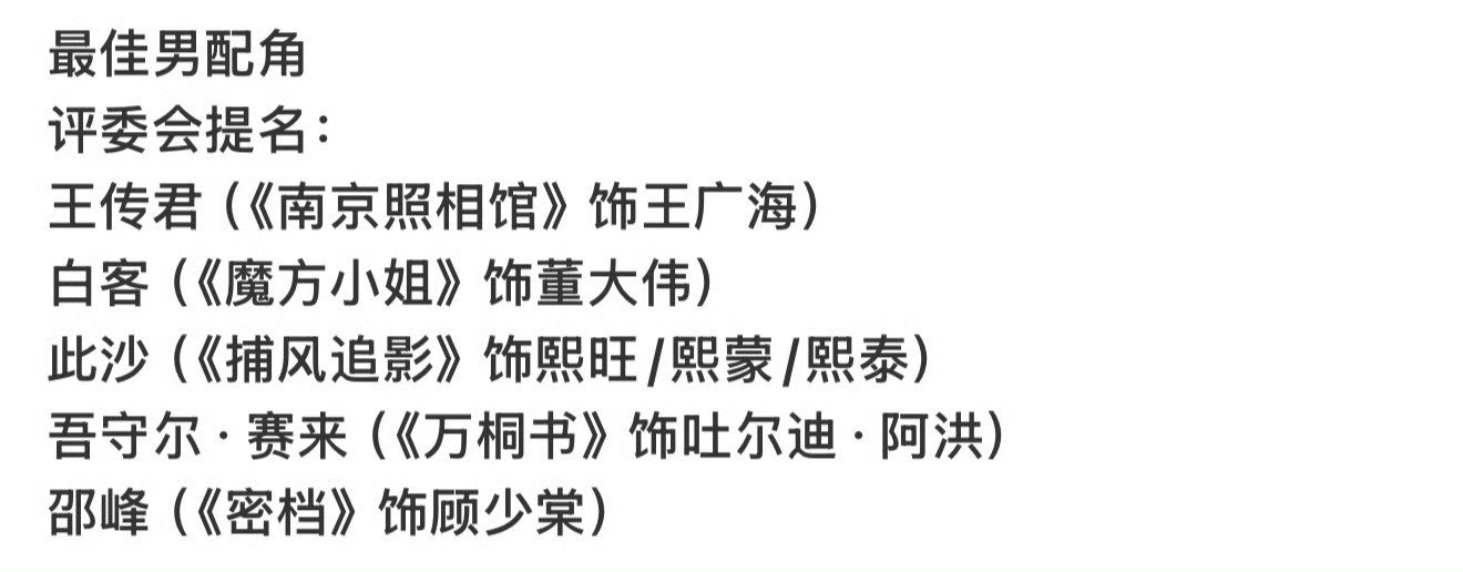 金鸡奖提名名单公布了
有几个好震惊 还有最佳女配为啥只有四个人啊 ​