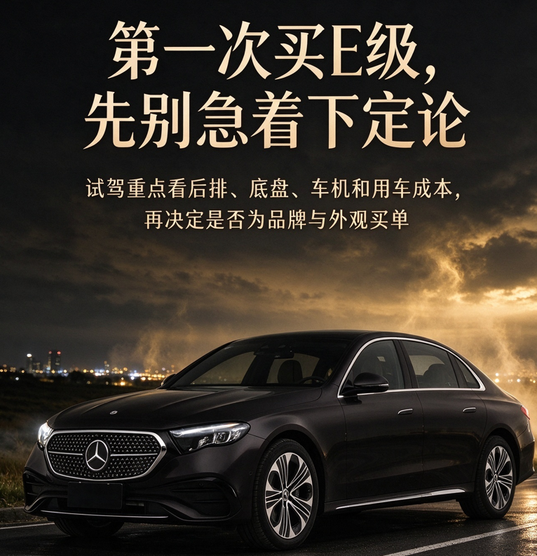 第一次买奔驰 E 级：品牌之外，更要先试这些
很多人第一次看奔驰 E 级，容易被三叉星徽、修长车身和豪华内饰吸引。但真实车主讨论里，一个高频提醒是：别先急着为品牌和外观下单，最好先把后排、底盘、车机和用车成本试清楚。奔驰 E 级的豪华感不只来自车标，更来自长期使用中的真实体验。试驾奔驰 E 级，第一