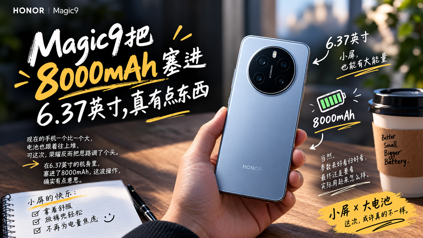 Magic9把8000mAh塞进6.37英寸，真有点东西

Magic9发布会看完，别的参数先不说，我是真被这块8000mAh逗到了。

6.37英寸，8000mAh。

这俩数字放一起，多少有点不按常理出牌。

现在手机越做越大，电池也跟着往上堆，这已经不是什么新鲜事了。

可小屏手机一直是另一回