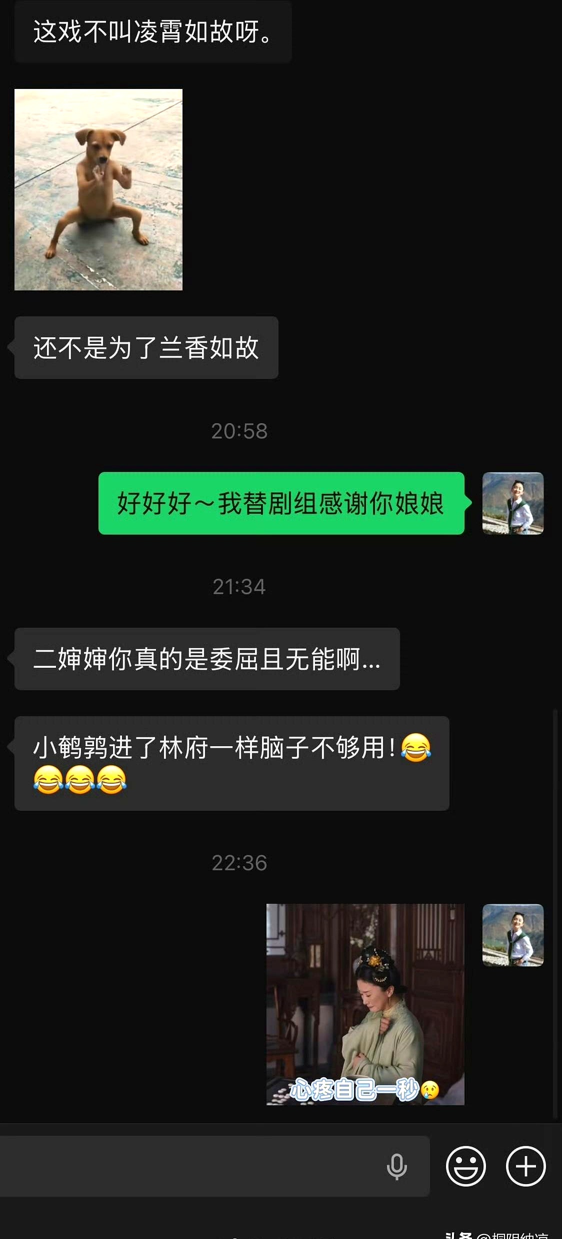 赵秦晒出和蒋欣的聊天记录，谁能想到当年在《甄嬛传》里斗得你死我活的华妃和富察贵人，戏外过了这么多年，私下还能毫无顾忌地互相损呢
 

蒋欣最近也在追《兰香如故》，看完直接在微信里吐槽赵秦，说她演的二太太进了林府脑子还是不够用，但又特别护短，坚决站队女主兰香是个好人
 

当年戏里华妃一句赐一丈红吓退