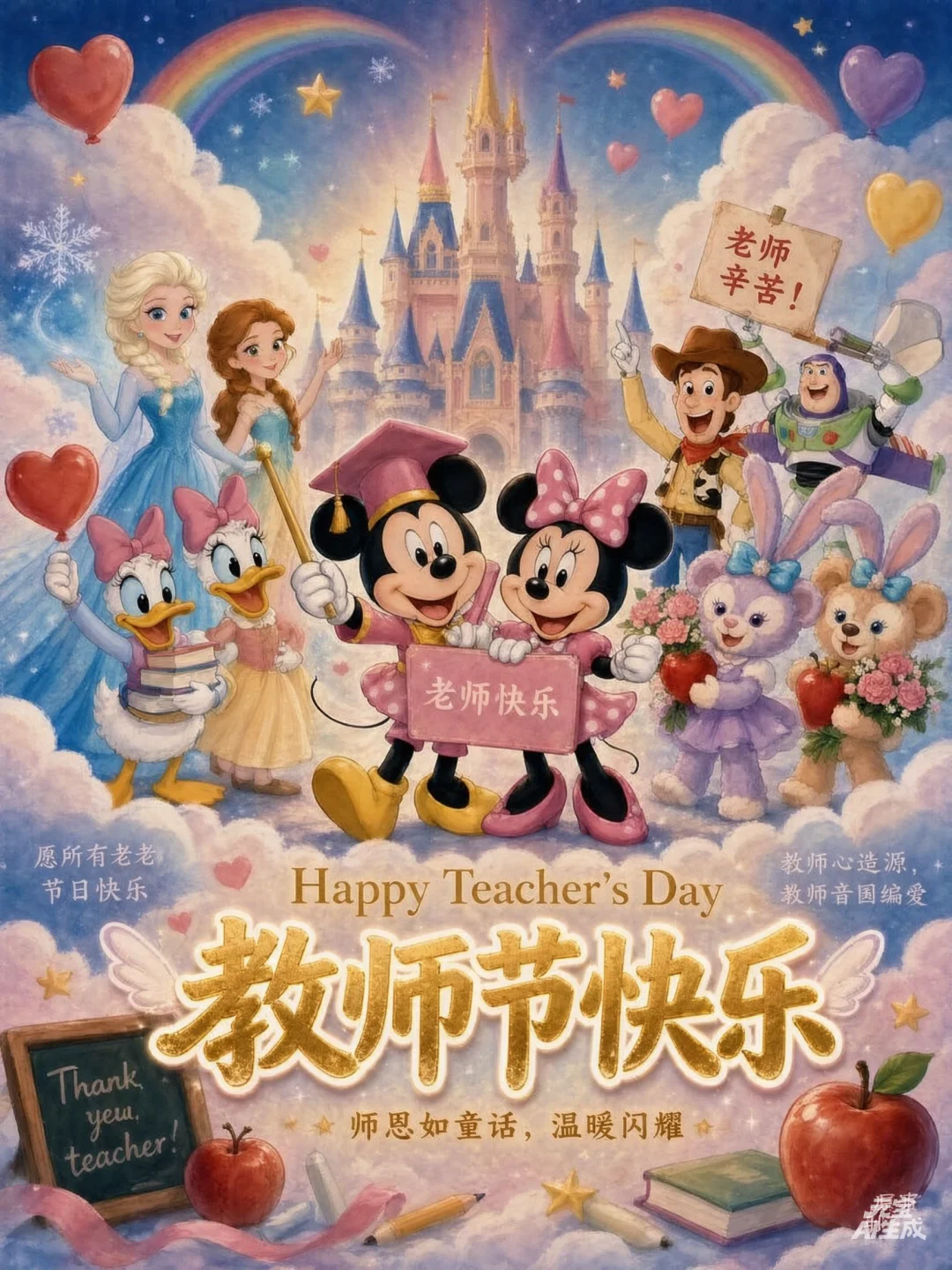 三尺讲台是老师的魔法城堡，一支粉笔就是点金棒🪄
	
米奇摘下帽子说：今天不喊“