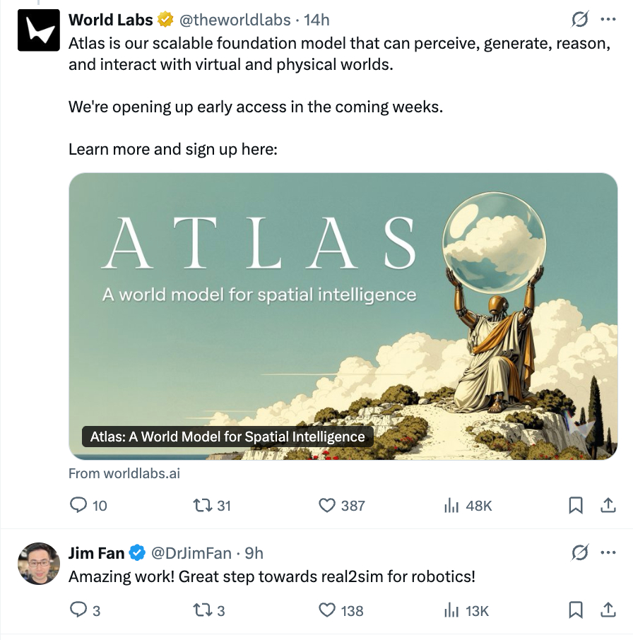 Atlas来了：李飞飞给世界模型装上会跑的镜头

9月1日晚，李飞飞的World Labs发布Atlas，官方口径是"全球首个多模态世界模型"。

李飞飞自己置顶了一条：这是团队的重大里程碑，从零开始训练，一张图就能重建大场景。

先说它跟视频生成模型的本质区别。

Sora那类模型，你只能靠文字描述"镜头往左移"， ​