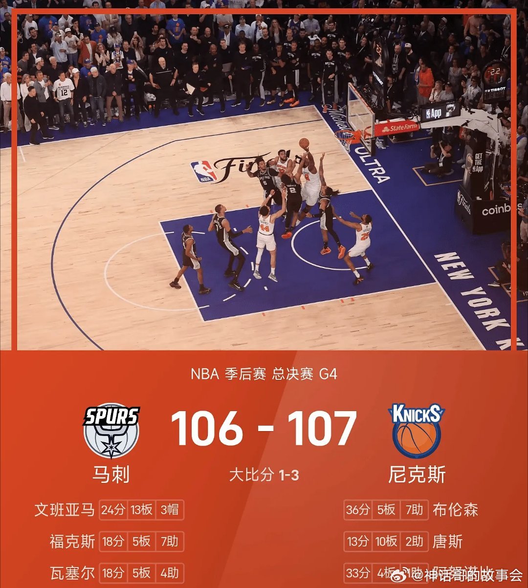 🏀NBA总决赛战报:06月11日讯 NBA总决赛，纽约尼克斯主场对阵...