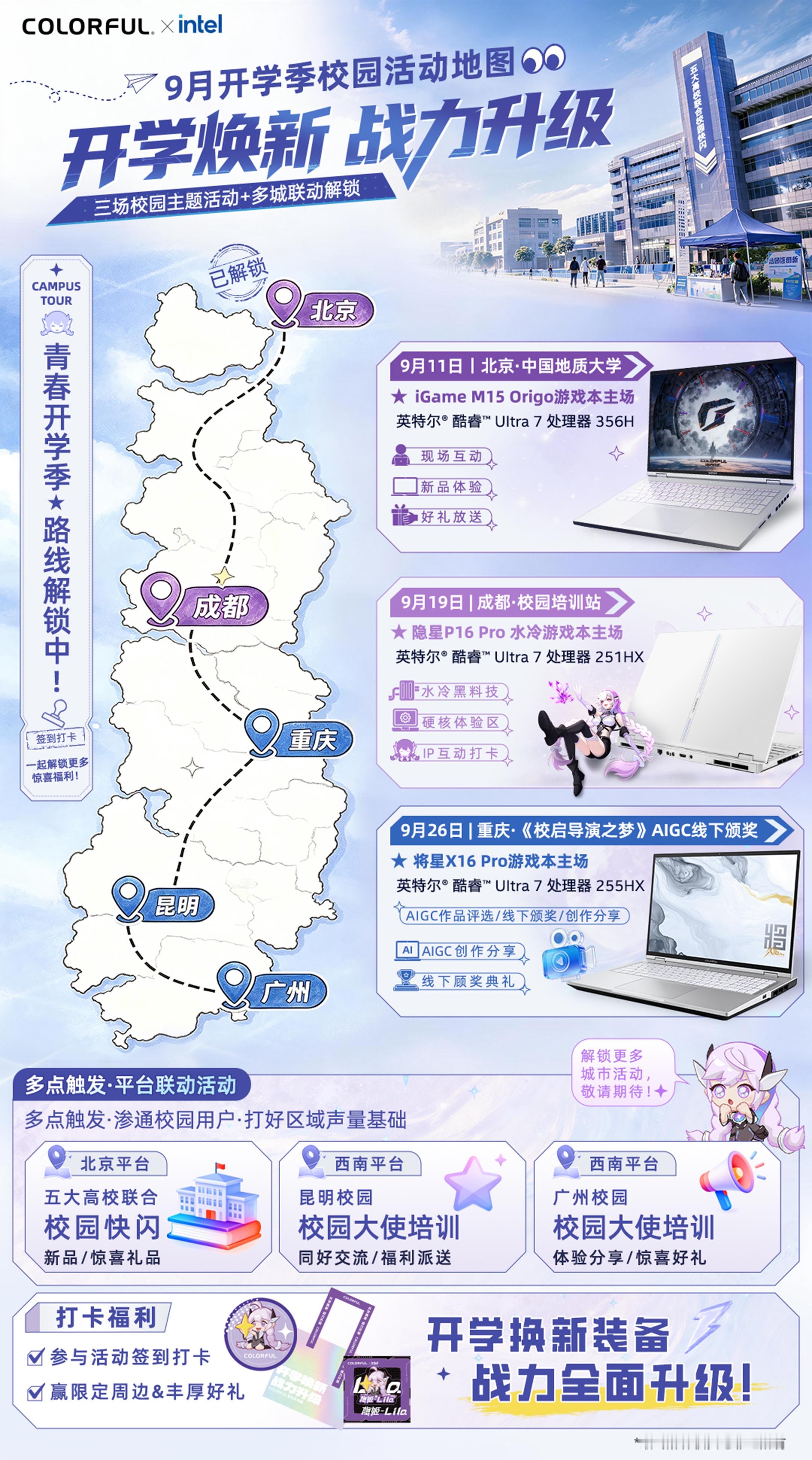 #开学季#战力升级，七彩虹×英特尔校园巡展正式启动！
📍北京、重庆、成都三场主题活动多校联动
硬核装备+AI创作+水冷黑科技，一次集齐

🔥首场就在9月11日·中国地质大学（北京）！
💻 iGame M15 Origo游戏本主场亮相，搭载英特尔酷睿Ultra 7处理器，性能拉满；
💧现场体验新品，上手实测游戏本 ​