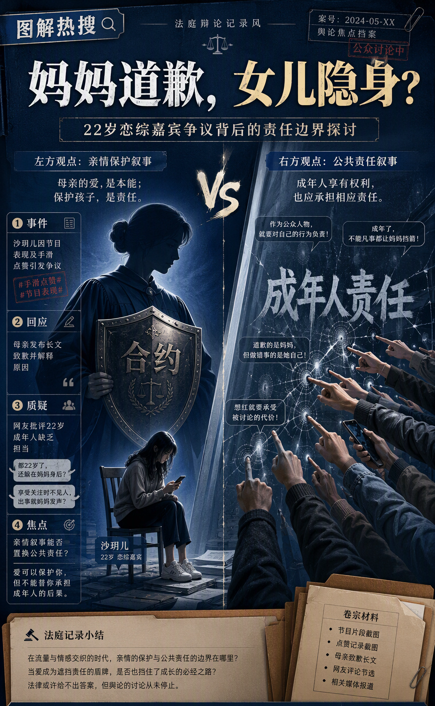 看完沙玥儿妈妈的长文道歉，心里真不是滋味，像吞了颗没熟透的梅子，又酸又涩。
22岁的大姑娘了，点赞惹出风波，却是妈妈冲在前面发长文、晒家书，求大家“给正在成长的孩子一点包容”。可怜天下父母心，可这份爱太沉了，沉得让人喘不过气。恋综是成年人的战场，手滑也好，有意也罢， consequences 本该自