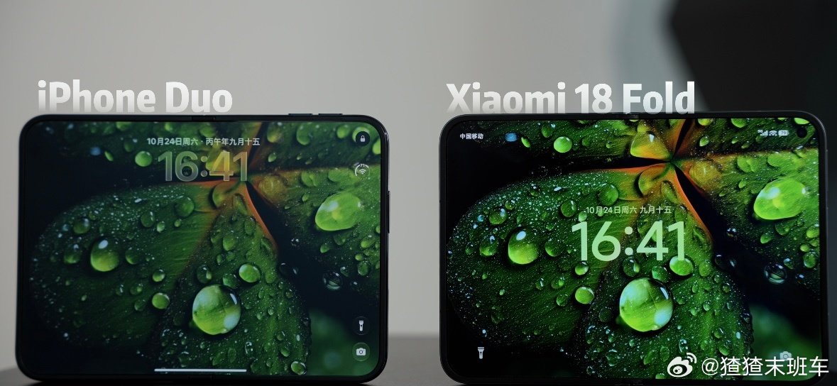 iPhone Duo内屏搞了个雾面纳米纹理，只是把折痕视觉弱化，不过摸着很明显。

代价就是屏幕全程灰蒙蒙，观感大打折扣。
和小米18 Fold亮面屏一对比高下立判[思考]
钟文泽贴磨砂膜对比小米苹果 ​