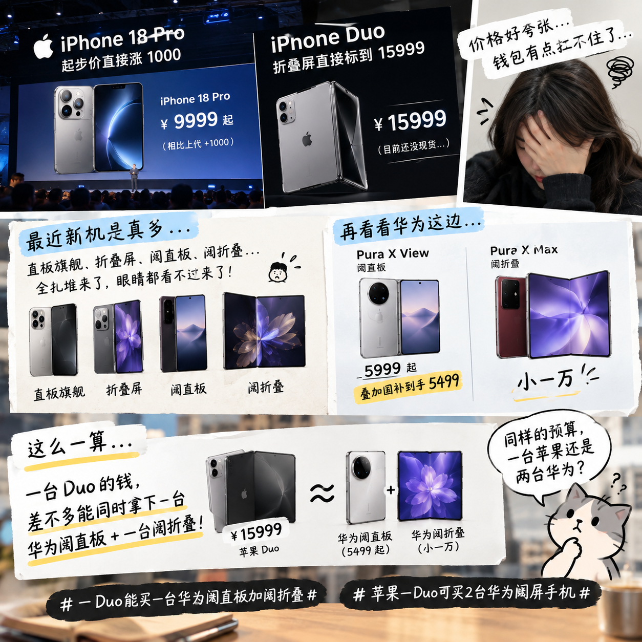 苹果发布会看完，价格是真给我看懵了……
iPhone 18 Pro起步就涨1000，折叠屏Duo更是直接干到15999，而且现在还没现货。只能说今年新机的价格，一个比一个敢定。

最近新机也是真的多，直板旗舰、折叠屏、阔直板、阔折叠全赶在一起了。再看看华为这边，刚出的Pura X View阔直板5999起，叠加国补后到手5 ​