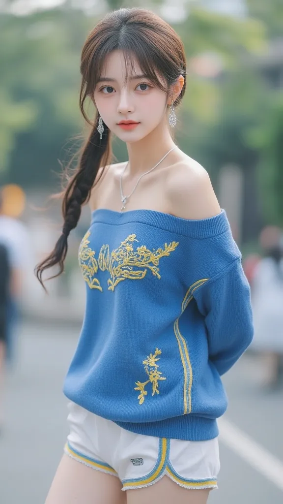 这位小姐姐穿着蓝色毛衣，搭配白色短裤，看起来好清新哦！ 甜妹