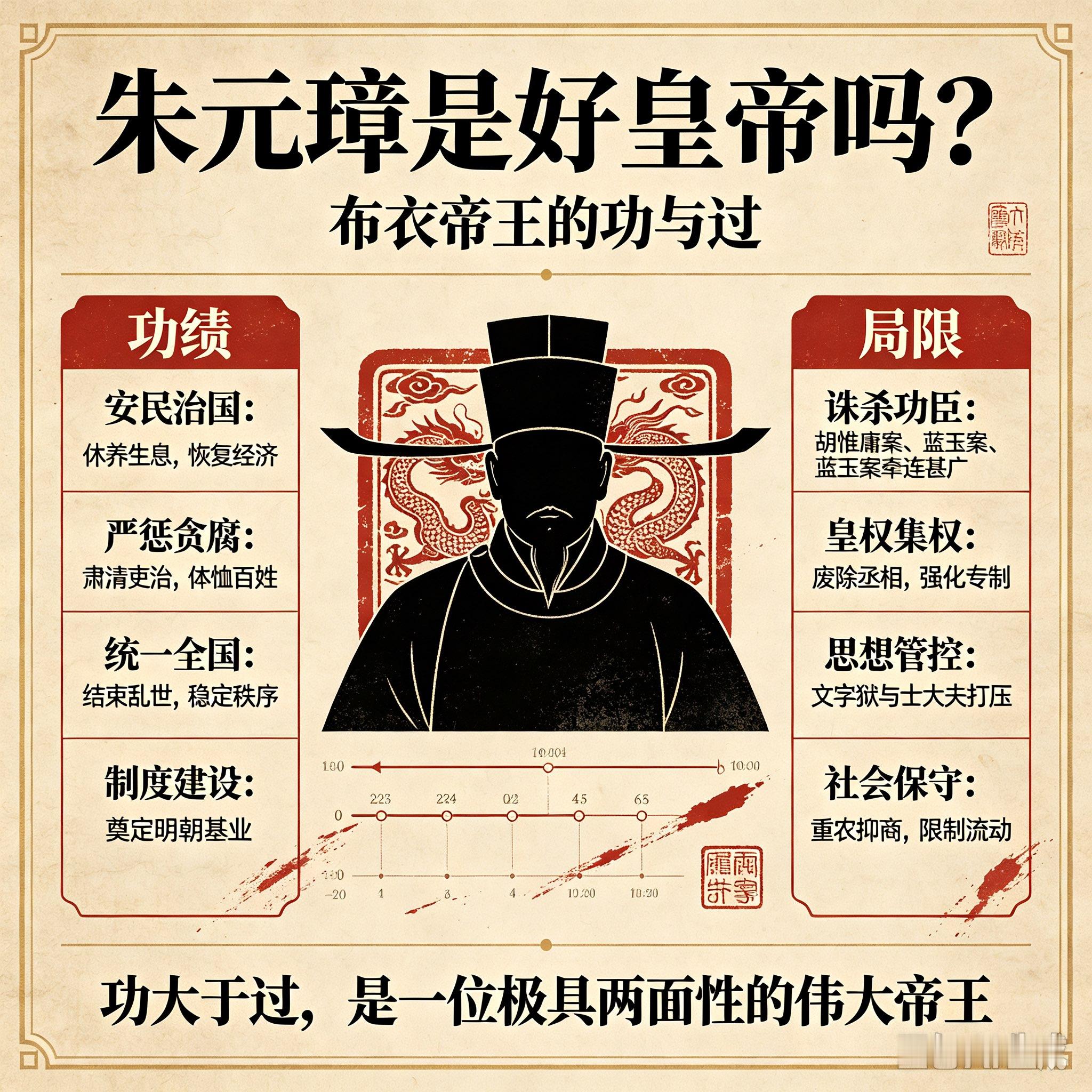 在中国两千多年的封建帝王中，明太祖朱元璋是最具争议的一位。他出身最底层、得天下最艰难，对百姓最体恤，却也对功臣最严苛、统治最铁血。若要评判朱元璋是不是好皇帝，不能用单一标准盖棺定论，唯有结合他所处的时代、治国的功与过，辩证看待，才能看