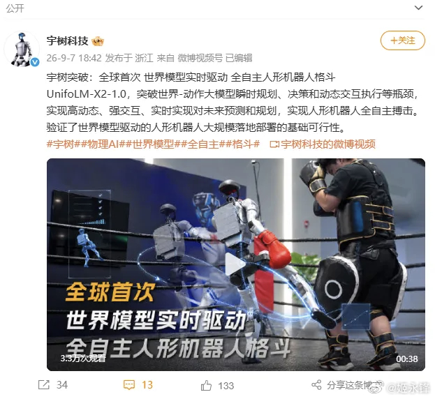 宇树突破技术瓶颈，首次实现人形机器人全自主格斗实时驱动

9月7日晚间消息，宇树科技发布全球首次世界模型实时驱动全自主人形机器人格斗视频。

据了解，UnifoLM-X2-1.0突破世界-动作大模型瞬时规划、决策和动态交互执行等瓶颈，实现高动态、强交互、实时实现对未来预测和规划，实现人形机器人全自主 ​