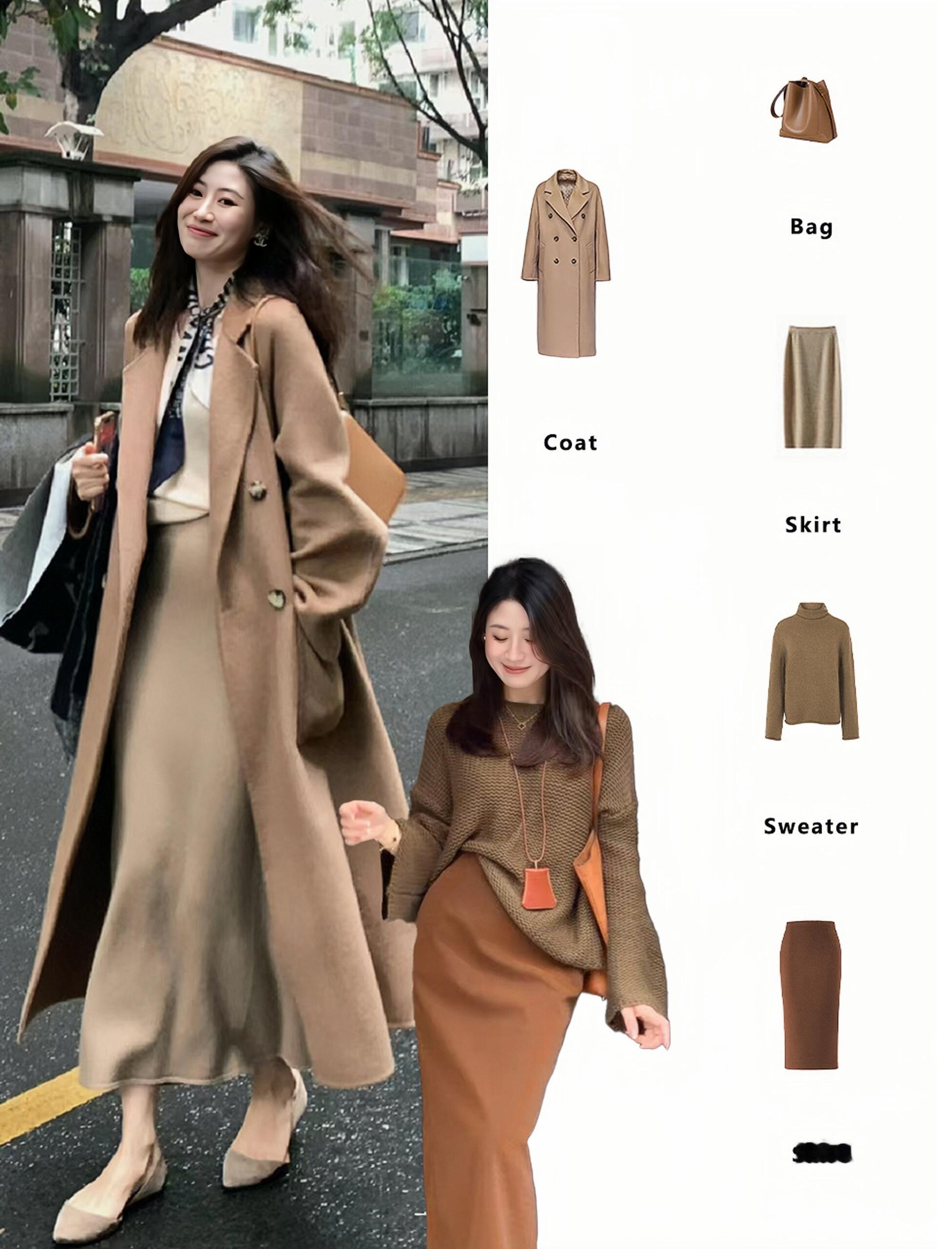 温柔恬静风~~~小姐姐 上下班通勤风~~ 暖棕色系-深蓝 温柔风 时尚大衣OL