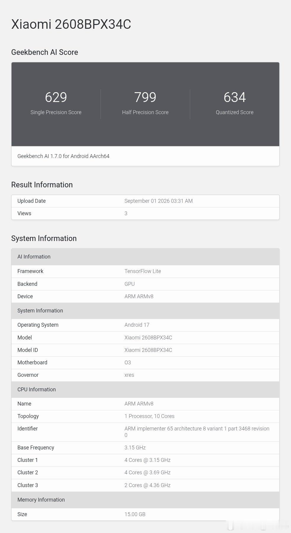 小米 18 Fold 现身 Geekbench AI 
XRING 玄戒 O3 💍
#数码闲聊站[超话]##小米##小米18Fold# ​
