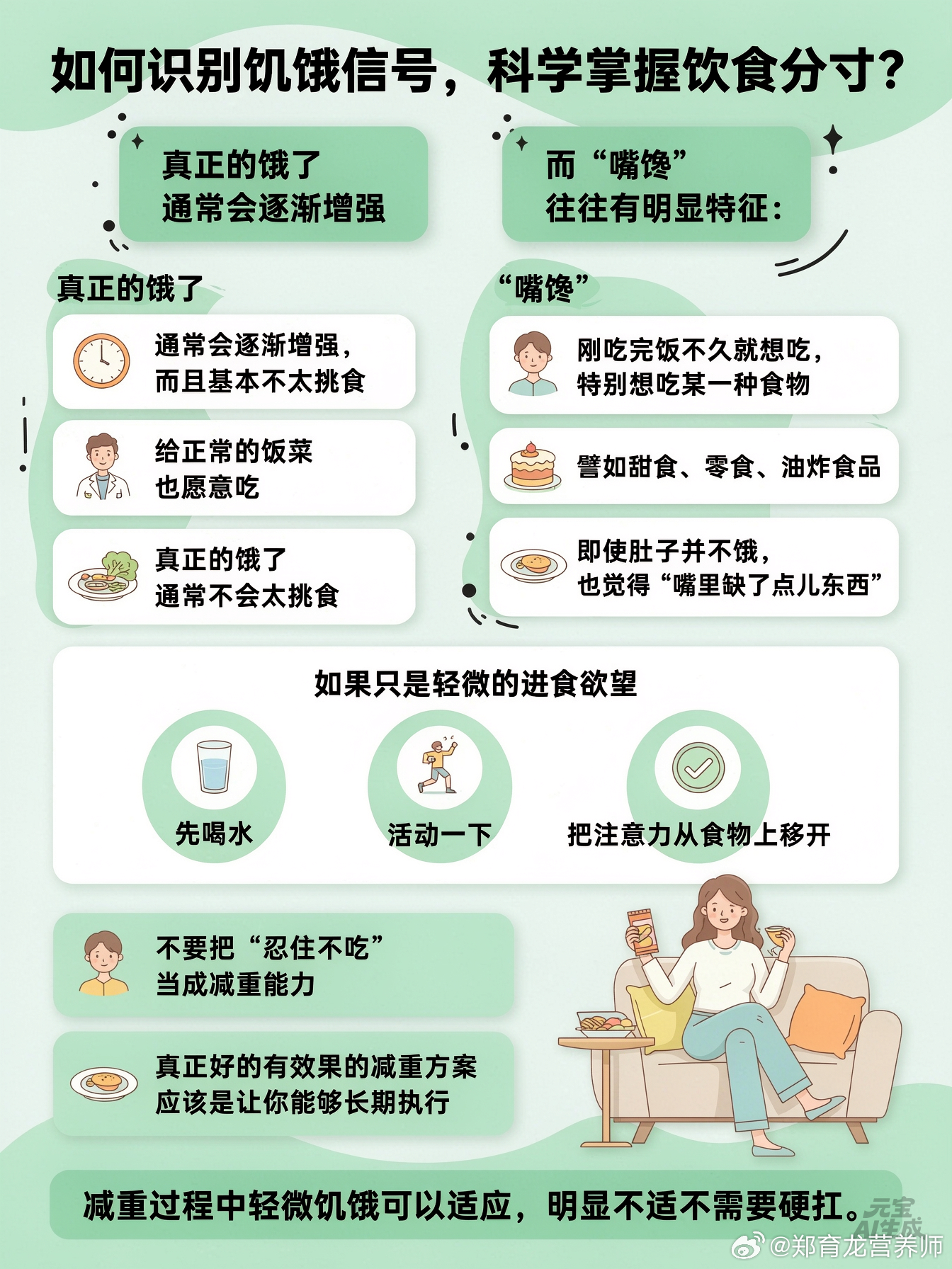 如何识别饥饿信号，科学掌握饮食分寸？郑说健康 真正的饿了通常会逐渐增强，而且基本不太挑食，给正常的饭菜也愿意吃。而“嘴馋”往往有明显的特征：刚吃完饭不久就想吃，特别想吃某一种食物，譬如甜食、零食、油炸食品，而且即使肚子并不饿，也觉得“嘴里缺了点儿东西”。如果只是轻微的进食欲望，可以先喝水、活动一下，或者把注意力从食物上移开。如果确实是真饿了，就吃！不要把“忍住不吃”当成减重能力。真正好的有效果的减重方案，应该是让你能够长期执行，而不是每天都在和饥饿感搏斗。最后记住一个原则：减重过程中轻微饥饿可以适应，但明显不适不需要硬扛。不要因为今天饿了，就觉得自己减肥失败；也不要因为嘴馋，就马上加餐。学会观察自己的饥饿程度，合理安排三餐和加餐，保证蛋白质、蔬菜和适量主食，结合运动和睡眠，把减重变成一个能够长期坚持的生活方式。