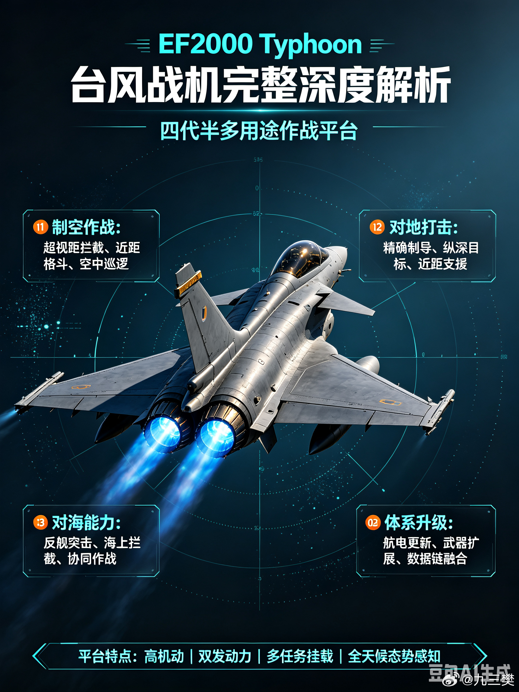 #军事ai新视野# 英国台风 EF2000 Typhoon 四代半多用途战机#ai热力追踪# 
 
一、项目概况
 
EF2000“台风”由英、德、意、西班牙四国联合组建的欧洲战斗机公司（Eurofighter GmbH）研发，属于双发、远距耦合鸭式无尾三角翼布局四代半多用途战斗机，核心定位优先制空拦截，兼顾多用途对地/对海打击 。
  ​