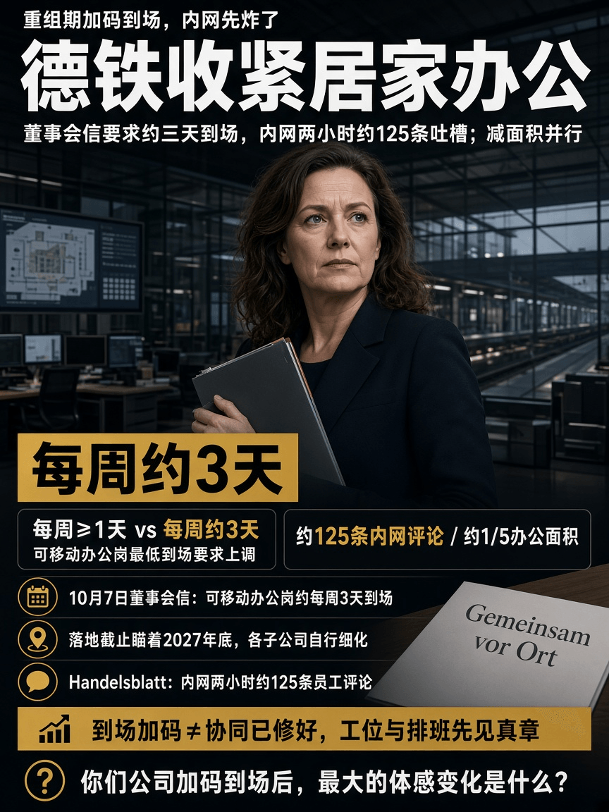 打工人注意：德国铁路也在加码回办公室。Handelsblatt 10月7日发帖；Tagesspiegel同日披露董事会信：可移动办公岗从每周至少1天改到约3天，2027年底前落地；内网两小时约125条吐槽。公司称非裁员工具，但同时喊减约五分之一办公面积，到场不等于效率已验。