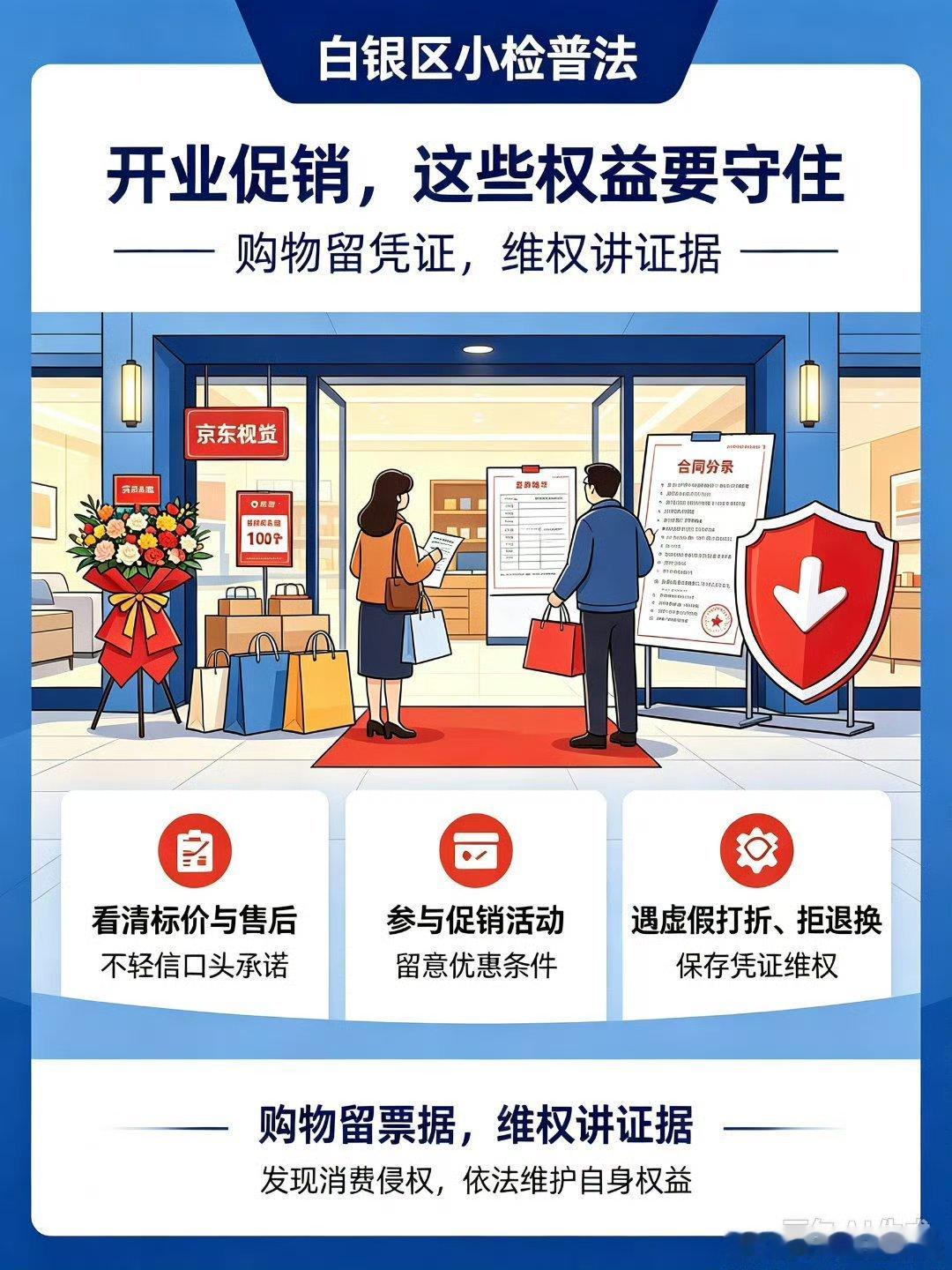 #京东101HOME全球首店盛大开业##定检提醒# ：线下门店购物，应当仔细查看商品标价、售后条款。参与门店促销活动，留意优惠的使用条件、退换货规则，不轻信口头承诺，相关约定尽量留存票据。
#白银区小检# 遇到虚假打折、诱导消费、拒绝退换货等侵害自身权益的行为，保存好购物凭证，依法维护自身消费合 ​