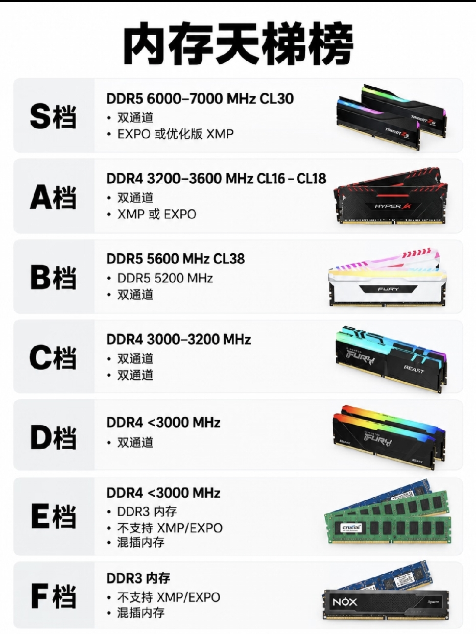 不少新手组装电脑，选内存的时候一头雾水，只看容量大小，忽略代际、频率、时序，很容易花冤枉钱。这份内存天梯榜，从S档到F档，一次性看懂内存档次，装机直接对照挑选。
 
✅ S档｜顶级性能
DDR5 6000-7000MHz CL30，双通道，支持EXPO或者优化版XMP。
游戏玩家、生产力创作者首选。