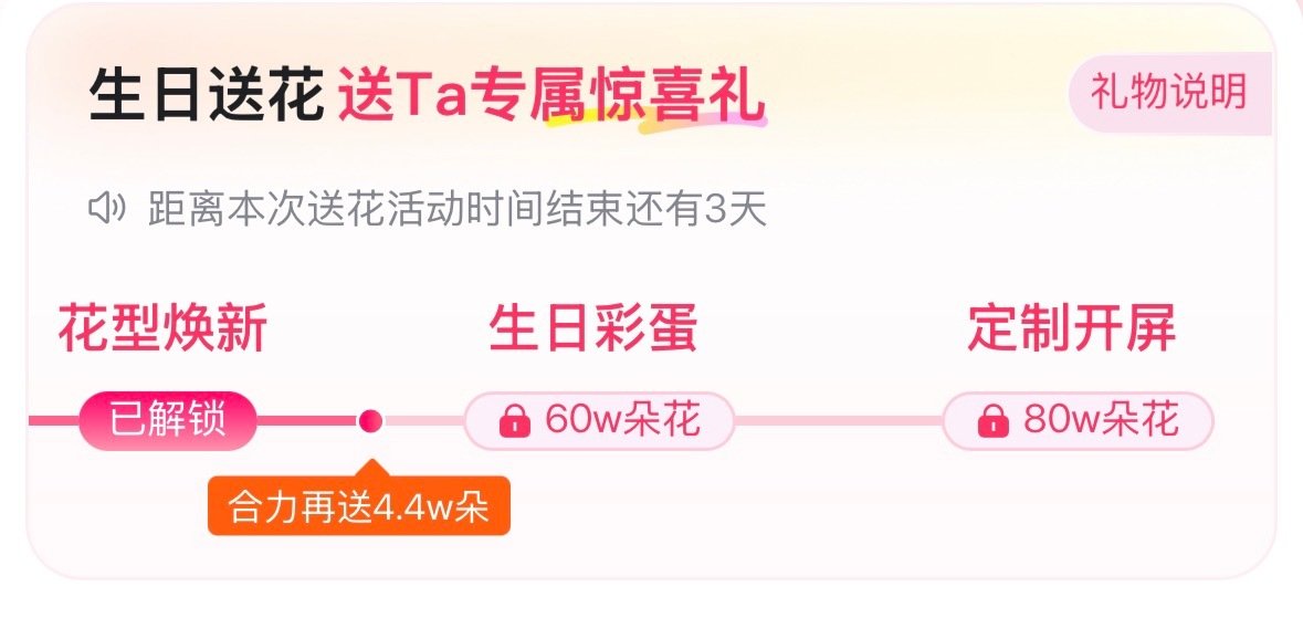 中午好🌹ᐕ)⁾⁾

路过的茶叶子们，百度送花了解一下|･ω･｀)
生日活动还有3天结束，再4.4w🌸能解锁生日彩蛋，努努力不知道能不能把定制开屏也拿下🥺🥺🥺 ​