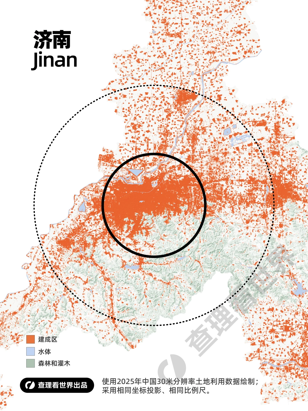 山东济南、青岛和临沂・建成区同尺度对比
