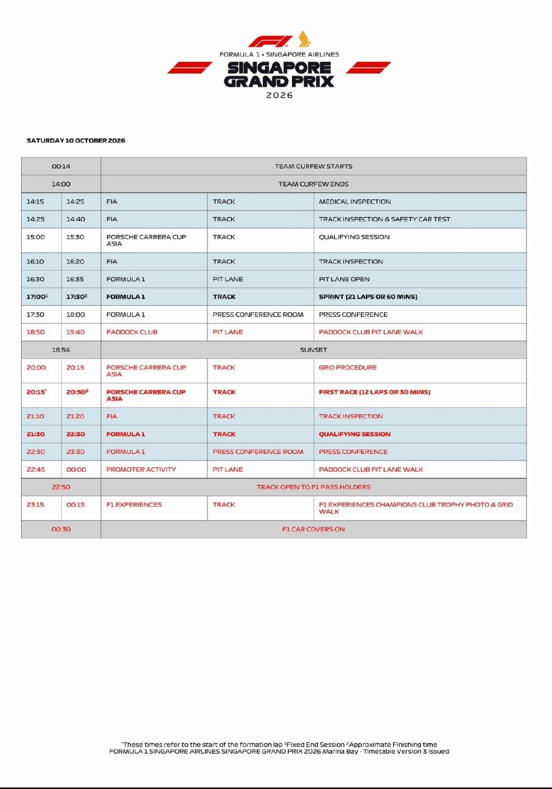 官方：新加坡大奖赛排位赛推迟半小时，将在21点30分进行

#F1[超话]##2026f1新加坡大奖赛# ​