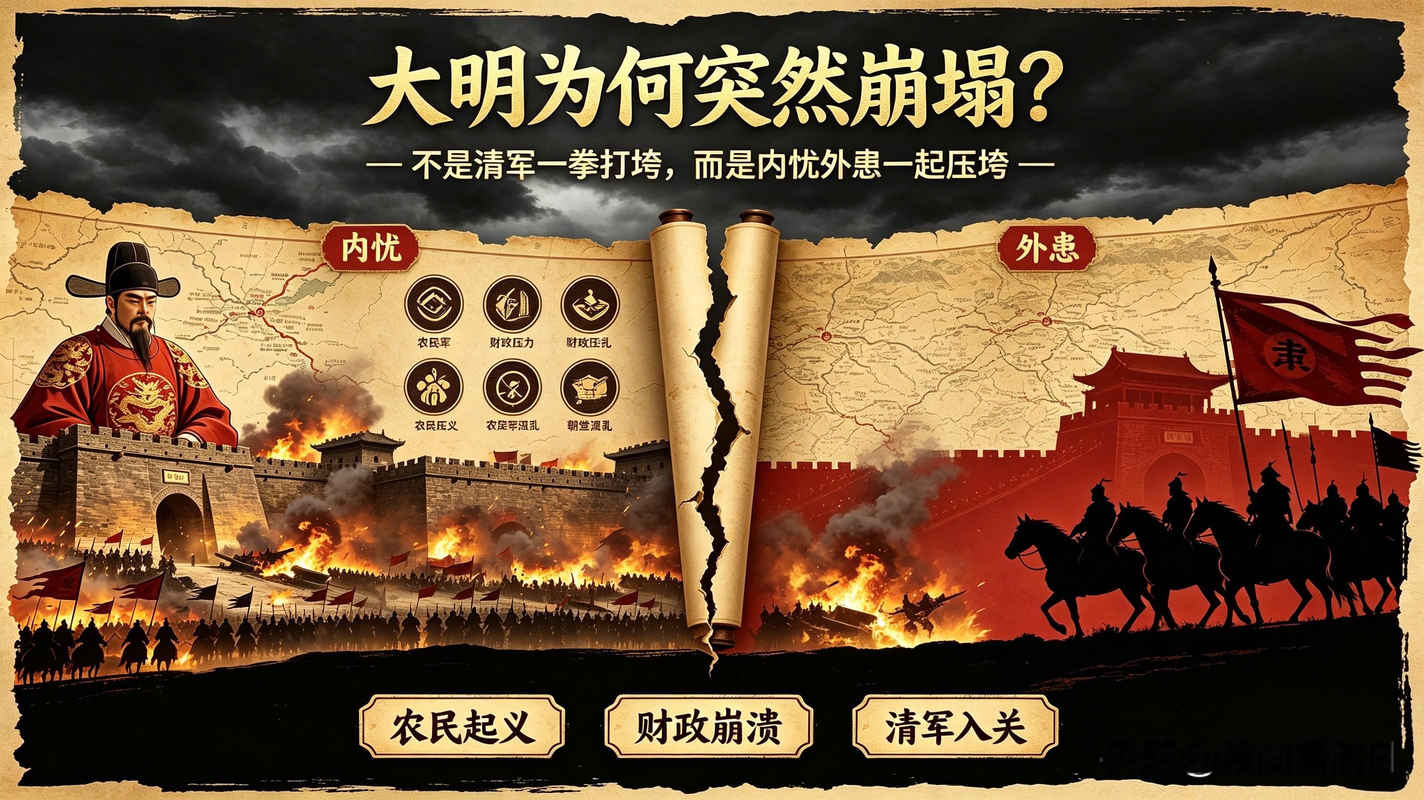 清军入关捡漏？大明真正的掘墓人到底是谁

1644年，李自成率领大顺农民军攻破北京，崇祯皇帝在煤山自缢，大明王朝就此宣告灭亡。也就是说，北京城是被农民军拿下，明朝中央政权先一步覆灭。此时清军还驻守关外，并没有攻破北京。
 
关外的清军，长期和明军在辽东拉锯，消耗明朝大量兵力财力。但真正给大明致命一击