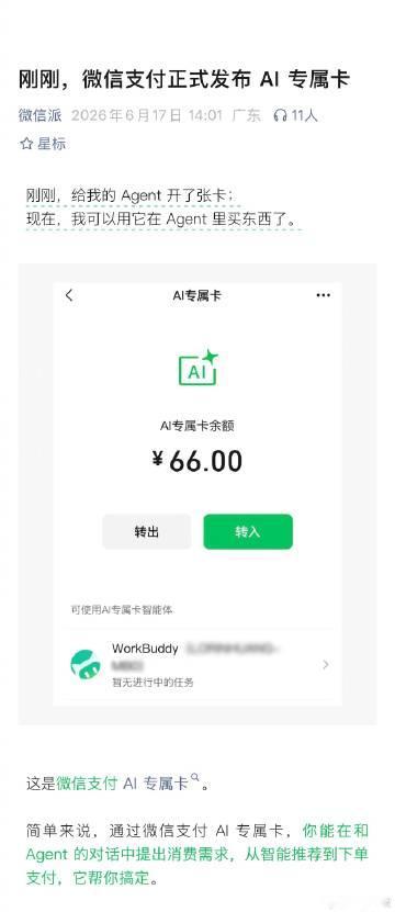 微信支付出了个AI专属卡，可以把钱专门放这卡里，然后委托让AI帮你消费...