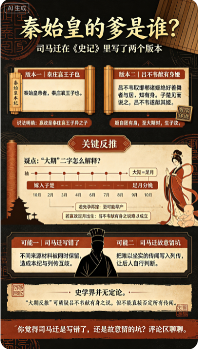 秦始皇的爹是谁，这事得怪司马迁。他一个人，在《史记》里写了两个版本。

《秦始皇本纪》开篇第一句，干脆利落：“秦始皇帝者，秦庄襄王子也。” 翻译过来就是：秦始皇，秦国太子异人的儿子。明明白白。

可翻到《吕不韦列传》，味道全变了。司马迁写吕不韦有个舞女赵姬，已经怀了他的孩子。子楚在吕不韦家喝酒，看上